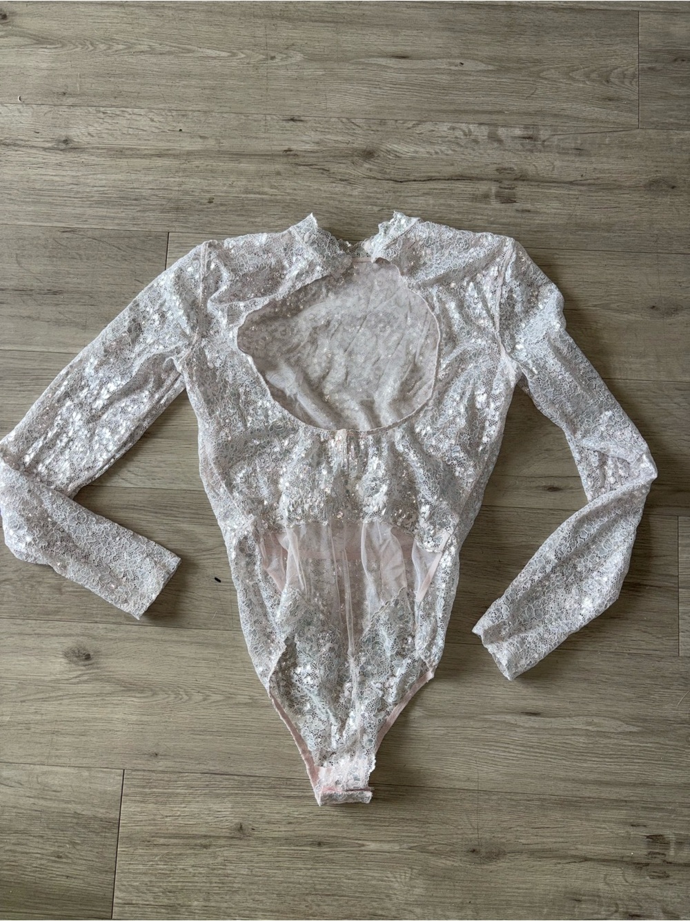 Victoria's Secret Shimmery Silver Lace Long-Sleeve Bodysuit - Picture 2 of 3